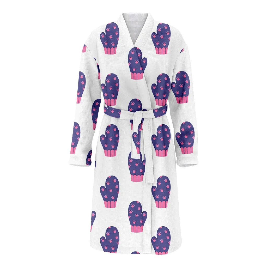 Pink Silhouette Of Cat's Paws On Mittens Pattern Christmas Gift Family Matching Kimono Bathrobe Satin Fleece Robe