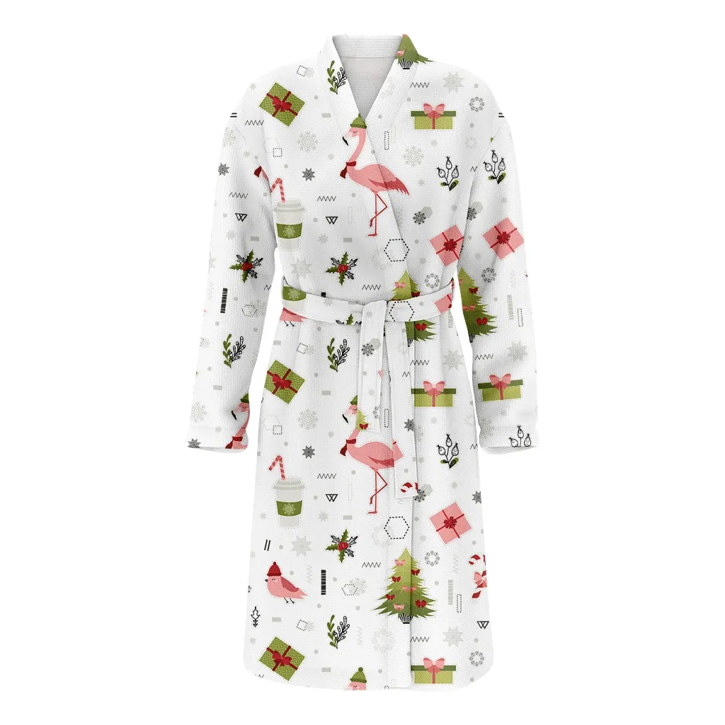 Pinky Flamingon With Colored Gifts Box And Trees Illustration Christmas Gift Family Matching Kimono Bathrobe Satin Fleece Robe