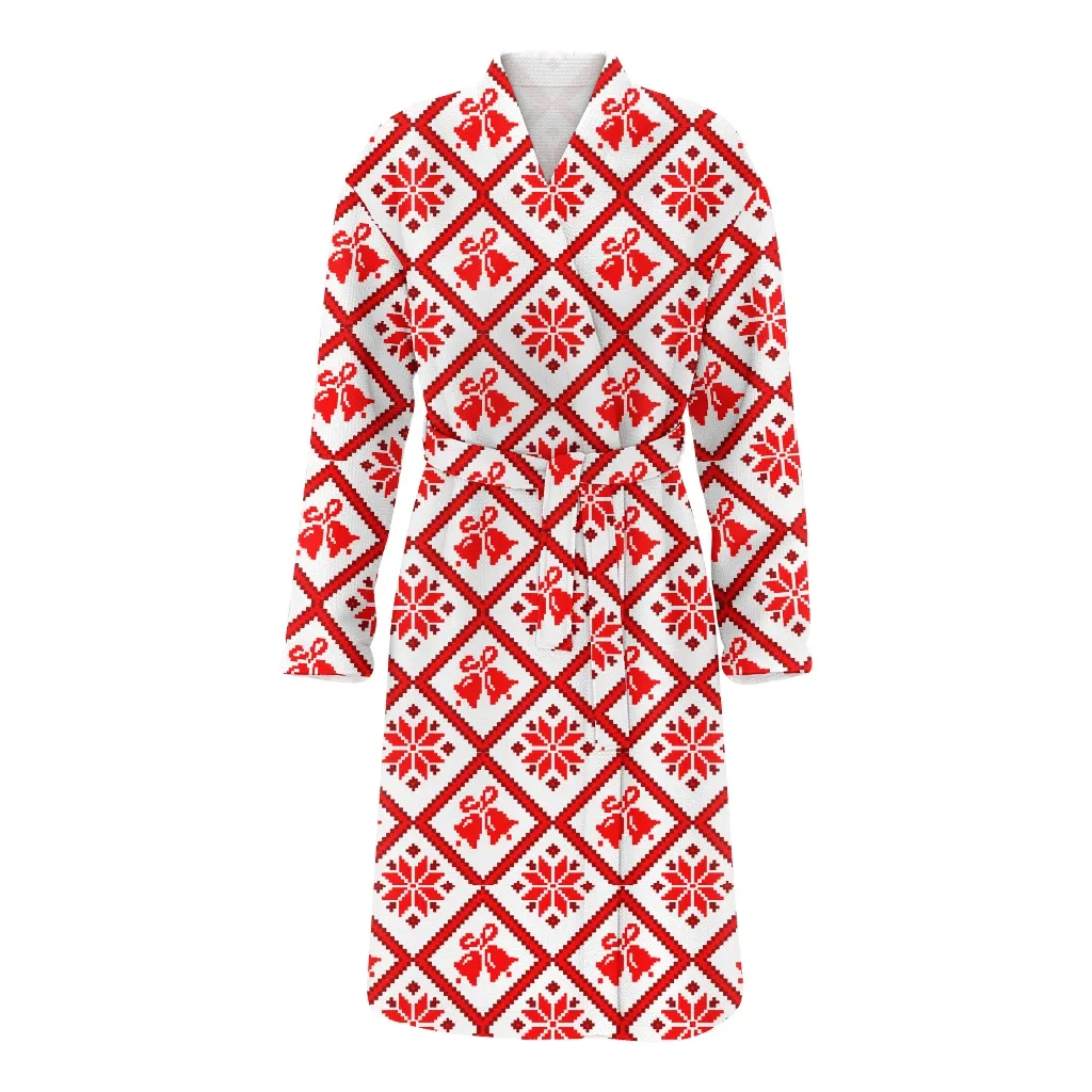 Pixel Kintting Snowflakes And Bells In Red And White Colors Christmas Family Matching Kimono Bathrobe Satin Fleece Robe