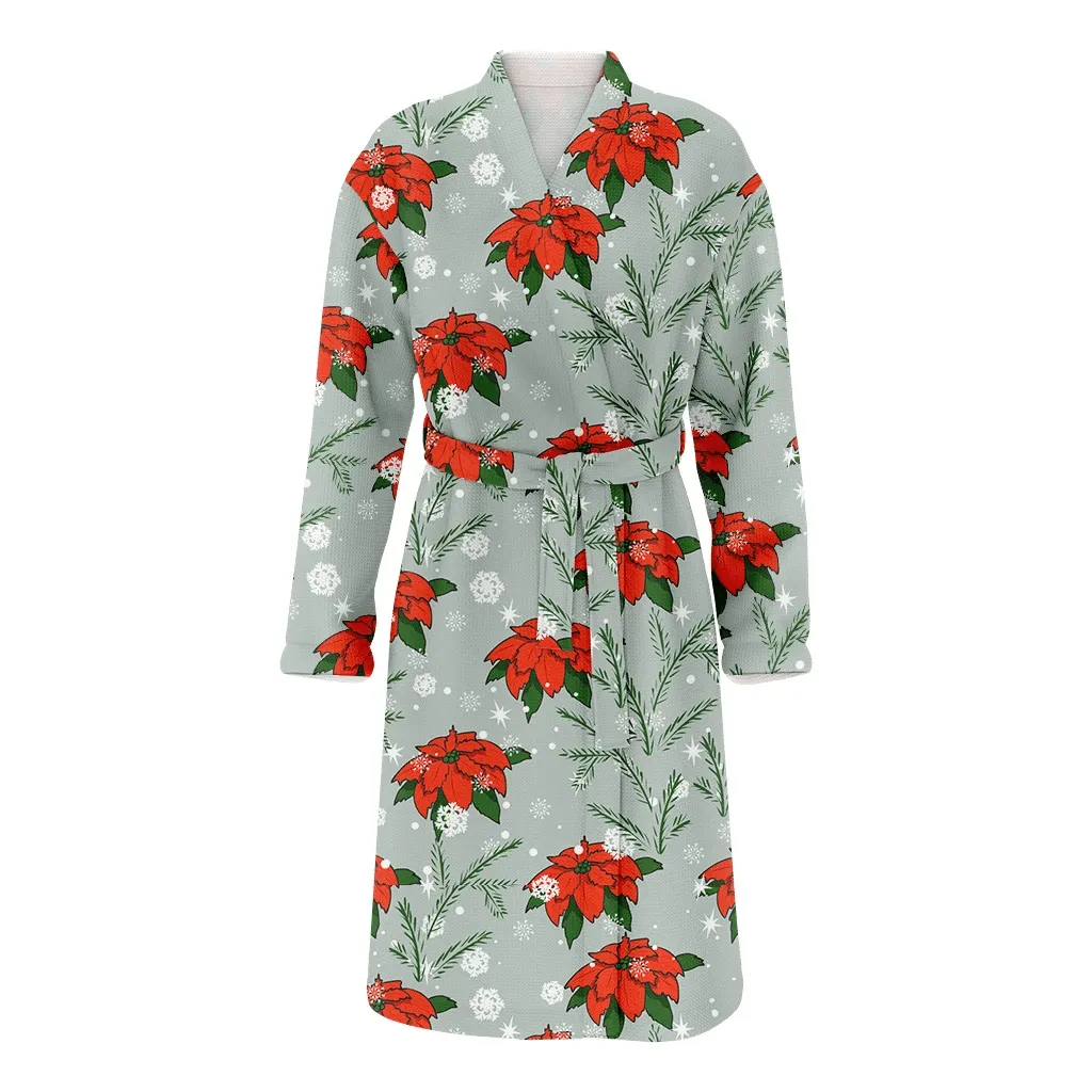 Poinsettia Fir Twigs And Snowflakes Merry Christmas Gift Family Matching Kimono Bathrobe Satin Fleece Robe