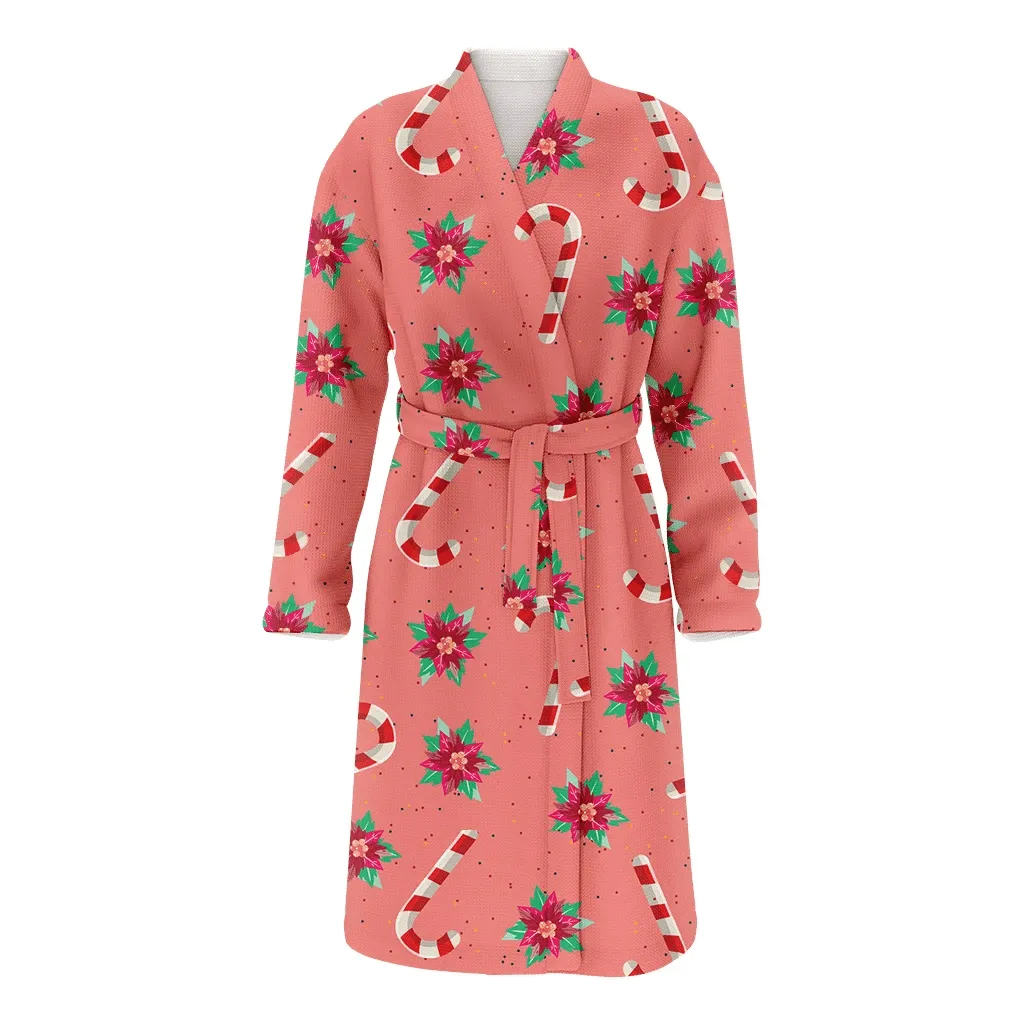 Poinsettia Flowers And Christmas Gift Candy Cane Family Matching Kimono Bathrobe Satin Fleece Robe