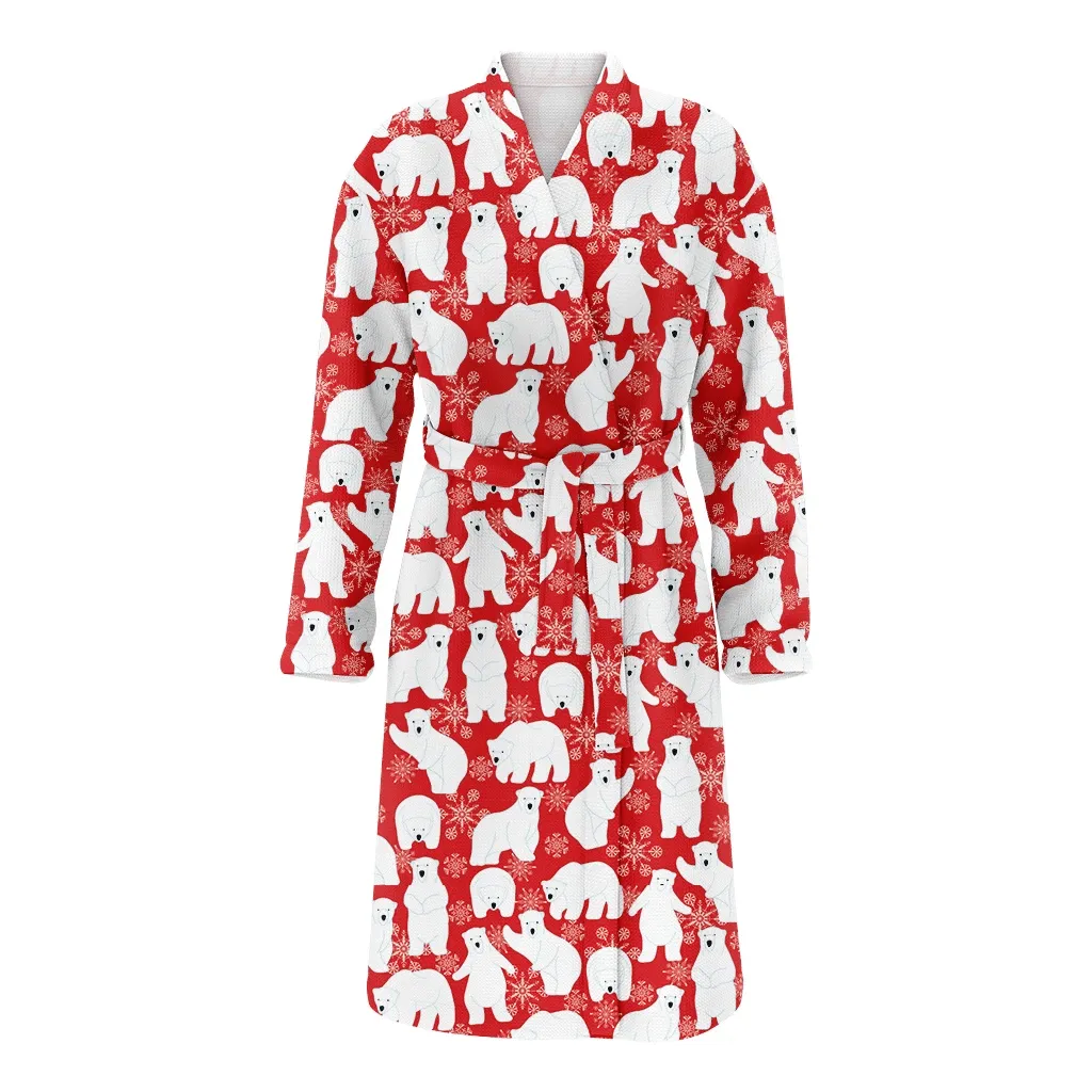 Polar Bear And Snowflake On Red Background Christmas Family Matching Kimono Bathrobe Satin Fleece Robe