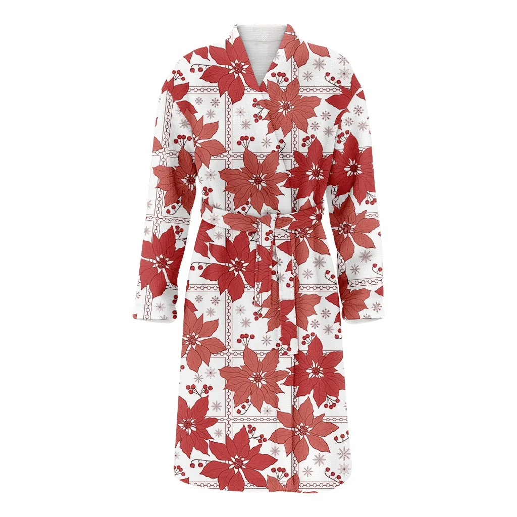 Pretty Poinsettia Flowers And Berries On Square Pattern Christmas Family Matching Kimono Bathrobe Satin Fleece Robe