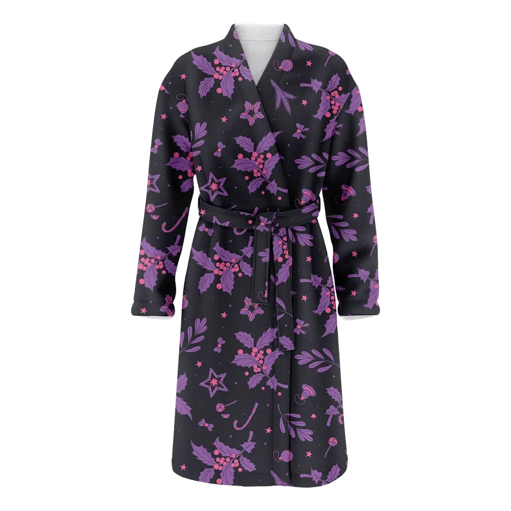 Purple And Pink Christmas Berries Isolated On Black Background Family Matching Kimono Bathrobe Satin Fleece Robe
