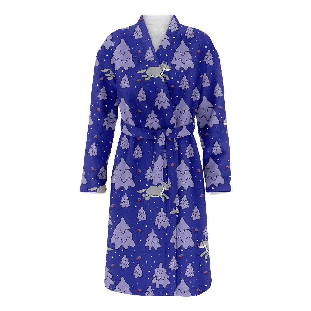 Purple Christmas Trees Bird And Wolf Family Matching Kimono Bathrobe Satin Fleece Robe