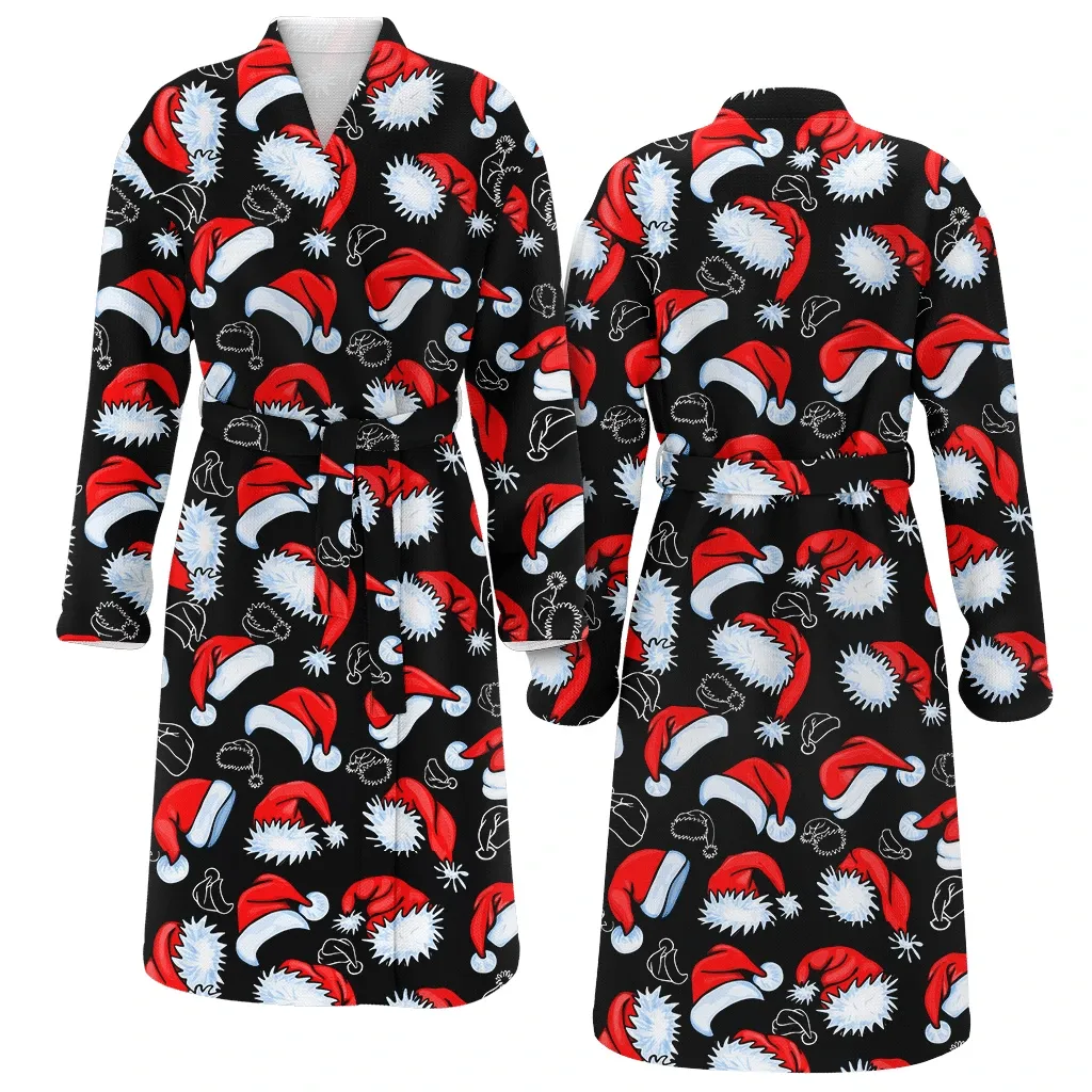 Red And Contour Christmas Gift Santa Hats On Black Background Family Matching Kimono Bathrobe Satin Fleece Robe