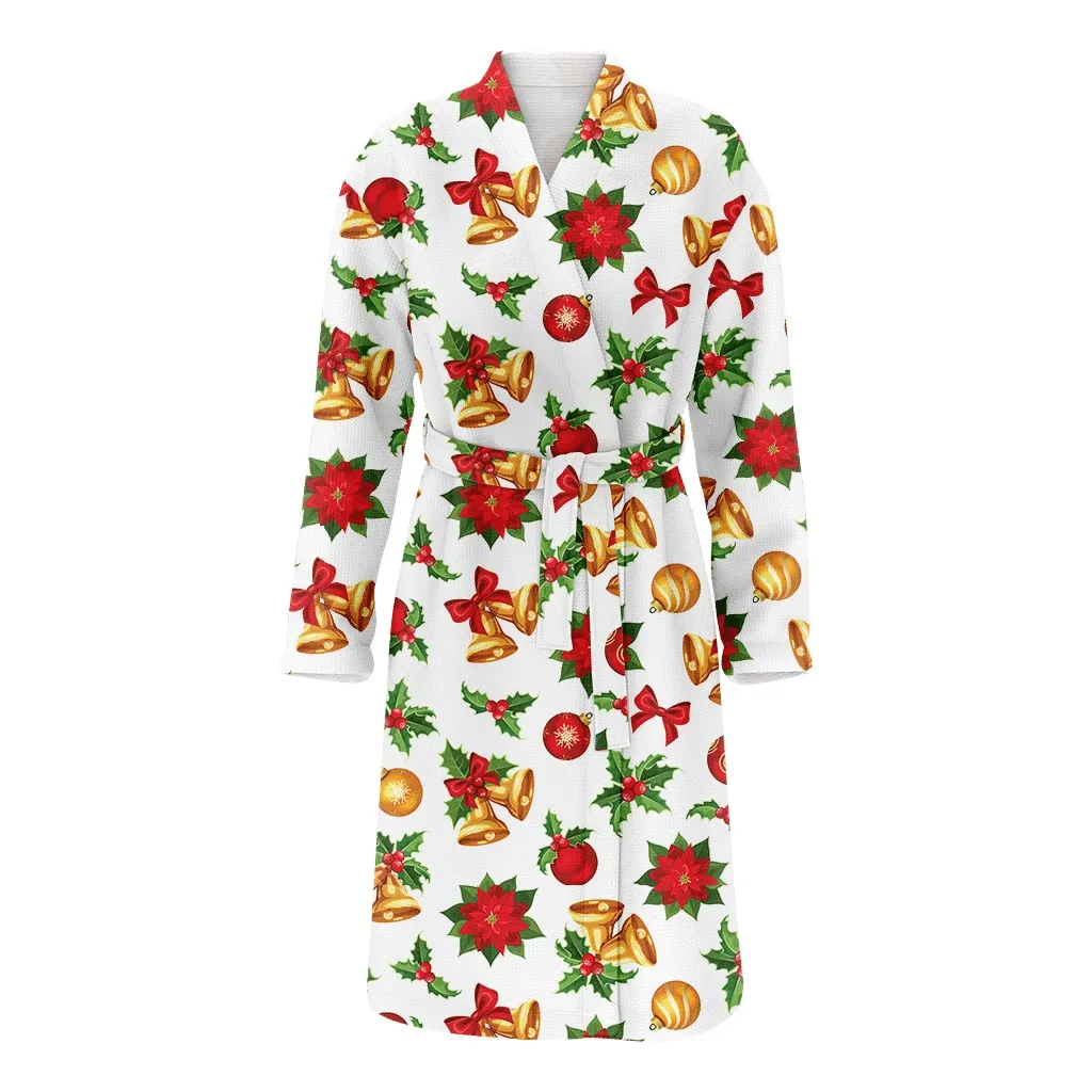 Red And Gold Christmas Gift Balls Bells Holly And Red Poinsettia Family Matching Kimono Bathrobe Satin Fleece Robe