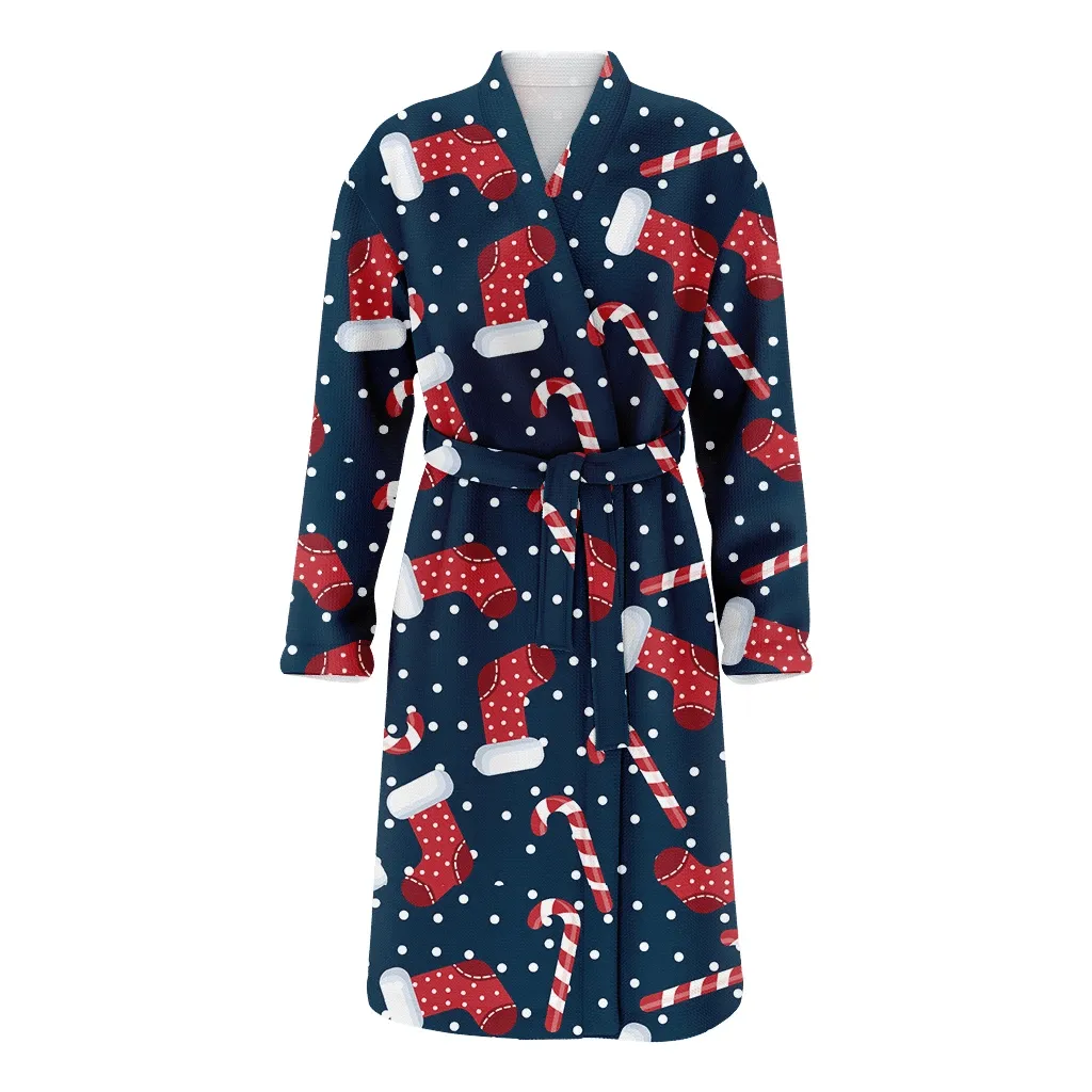 Red And White Christmas Gift And Candy Cane Family Matching Kimono Bathrobe Satin Fleece Robe