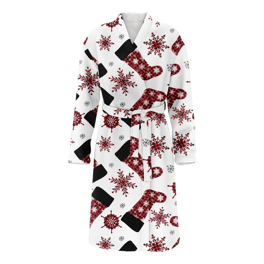 Red Checkered Socks And Snowflakes On White Background Christmas Family Matching Kimono Bathrobe Satin Fleece Robe