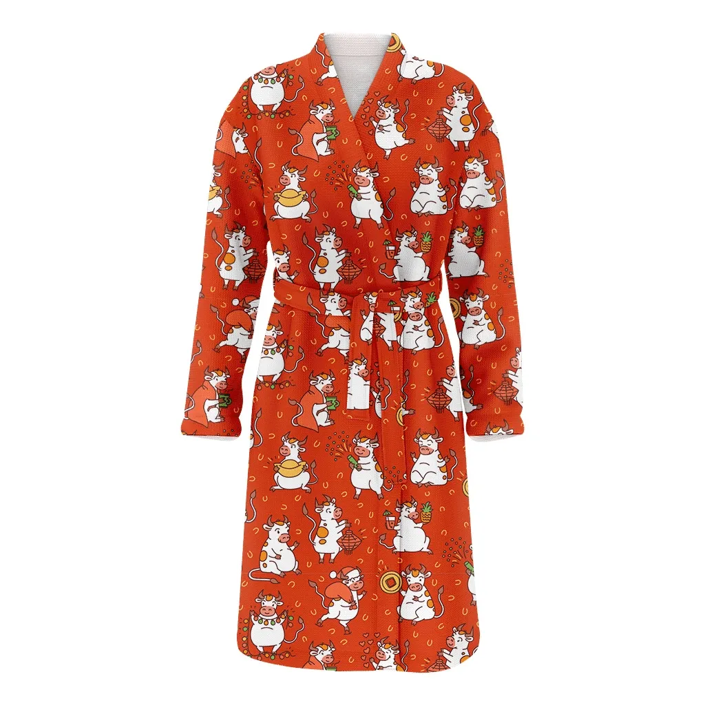Red Christmas And Chinese New Year In Cow Family Matching Kimono Bathrobe Satin Fleece Robe