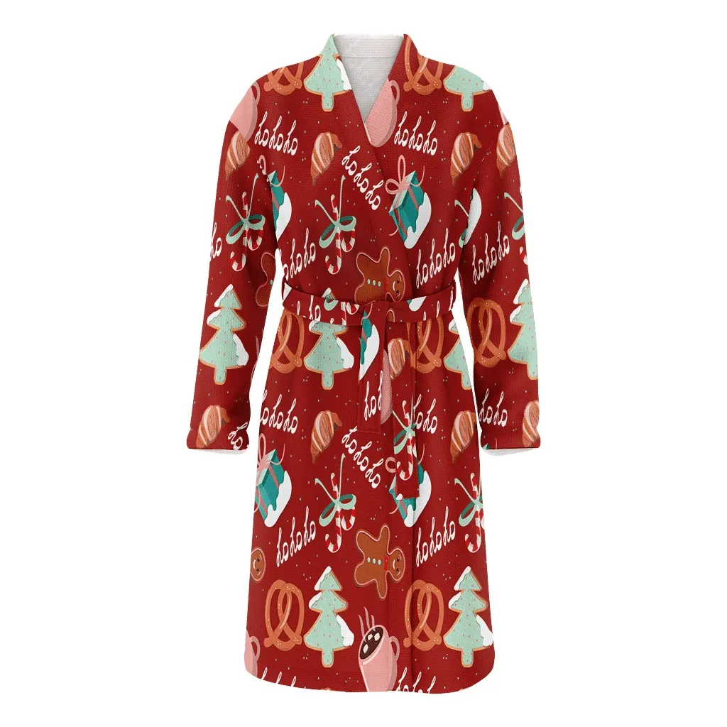 Red Christmas Gift Background With Croissant Hot Chocolate Gift Box Family Matching Kimono Bathrobe Satin Fleece Robe