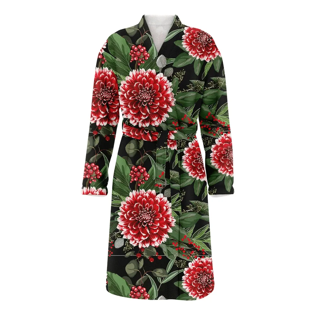 Red Dahlia Flowers With Christmas Gift Berries Family Matching Kimono Bathrobe Satin Fleece Robe