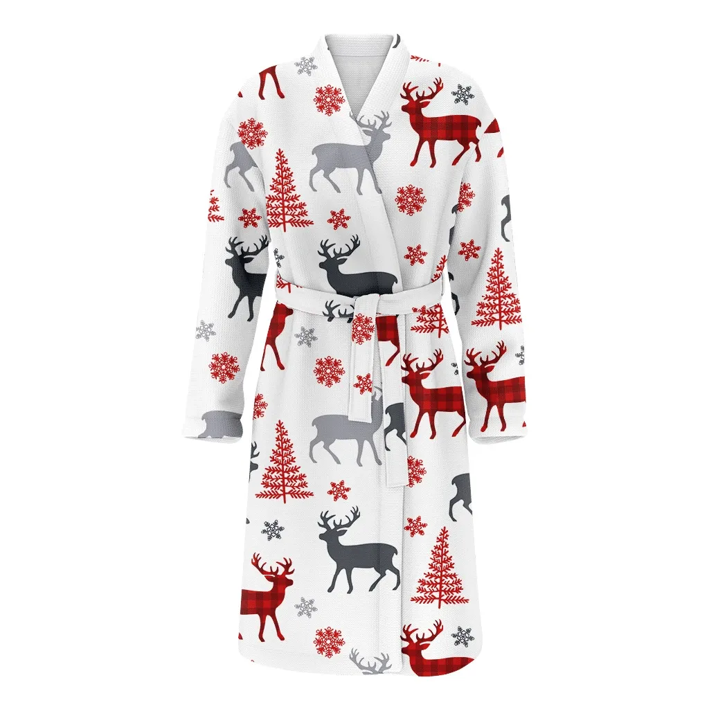 Red Gingham Plaid Deer Silhouette And Red Snowflakes Christmas Family Matching Kimono Bathrobe Satin Fleece Robe