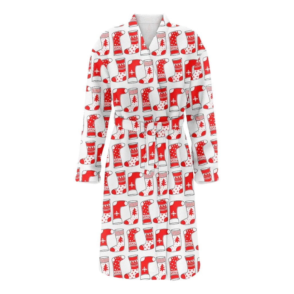Red Sock With Specks Christmas Gift Tree And Snowflake Family Matching Kimono Bathrobe Satin Fleece Robe