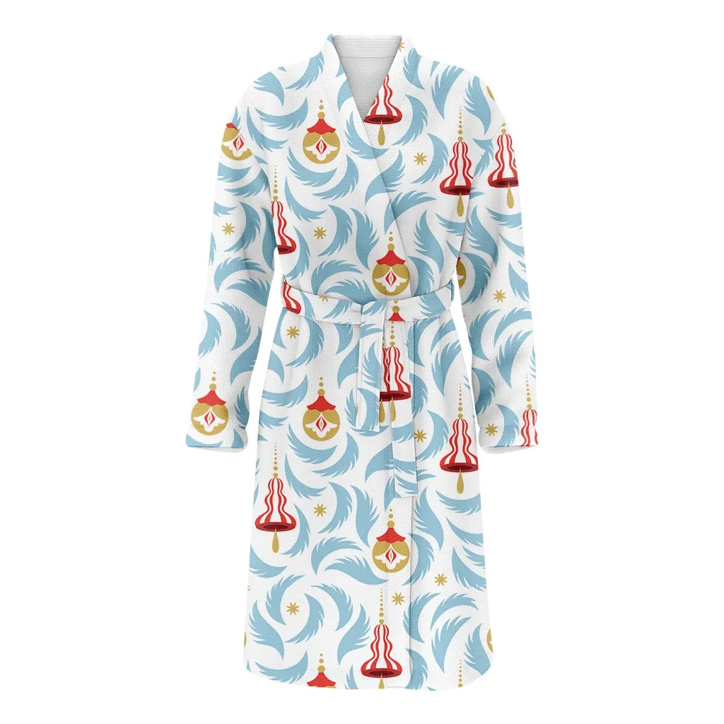 Red White Striped Bells With Christmas Branches Illustration Family Matching Kimono Bathrobe Satin Fleece Robe