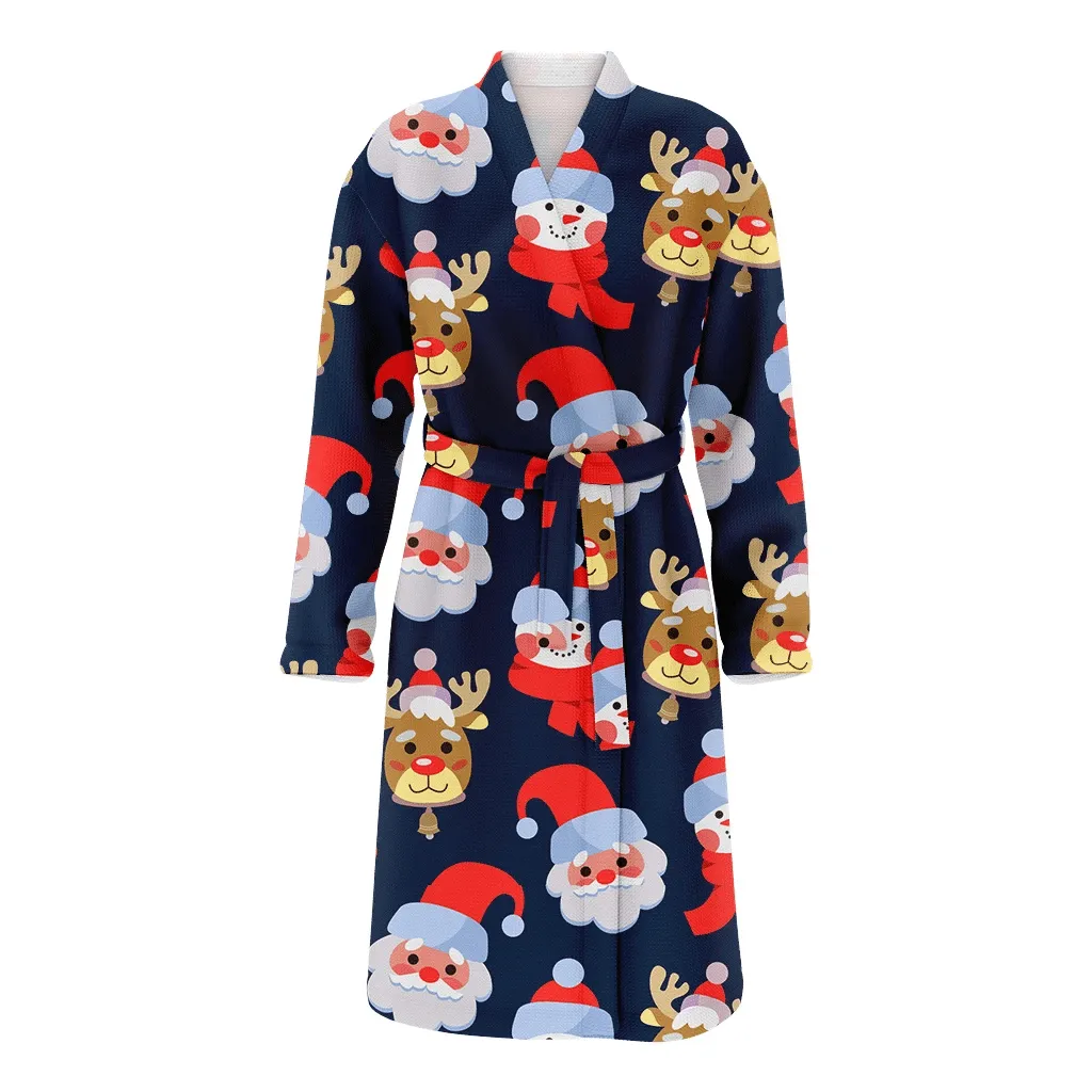 Reideer Santa Claus And Snowman With Christmas Gift Hat Family Matching Kimono Bathrobe Satin Fleece Robe