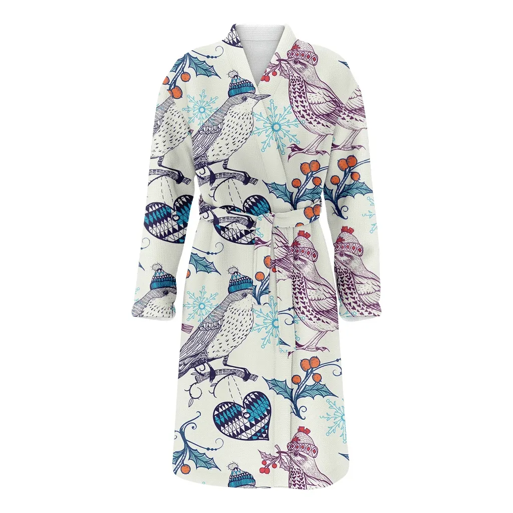 Retro Sketch Winter Birds Wearing Hats With Berries Pattern Christmas Family Matching Kimono Bathrobe Satin Fleece Robe