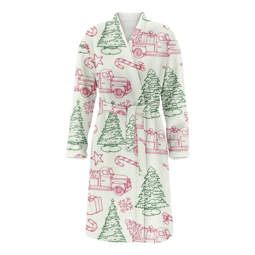 Retro Style Snowy Christmas Gift Trees And Cars Red And Green Outline Pattern Family Matching Kimono Bathrobe Satin Fleece Robe