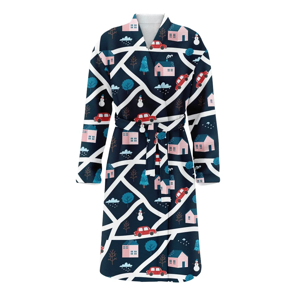 Rural Village Roads With An Retro Car Pattern On Dark Background Christmas Gift Family Matching Kimono Bathrobe Satin Fleece Robe