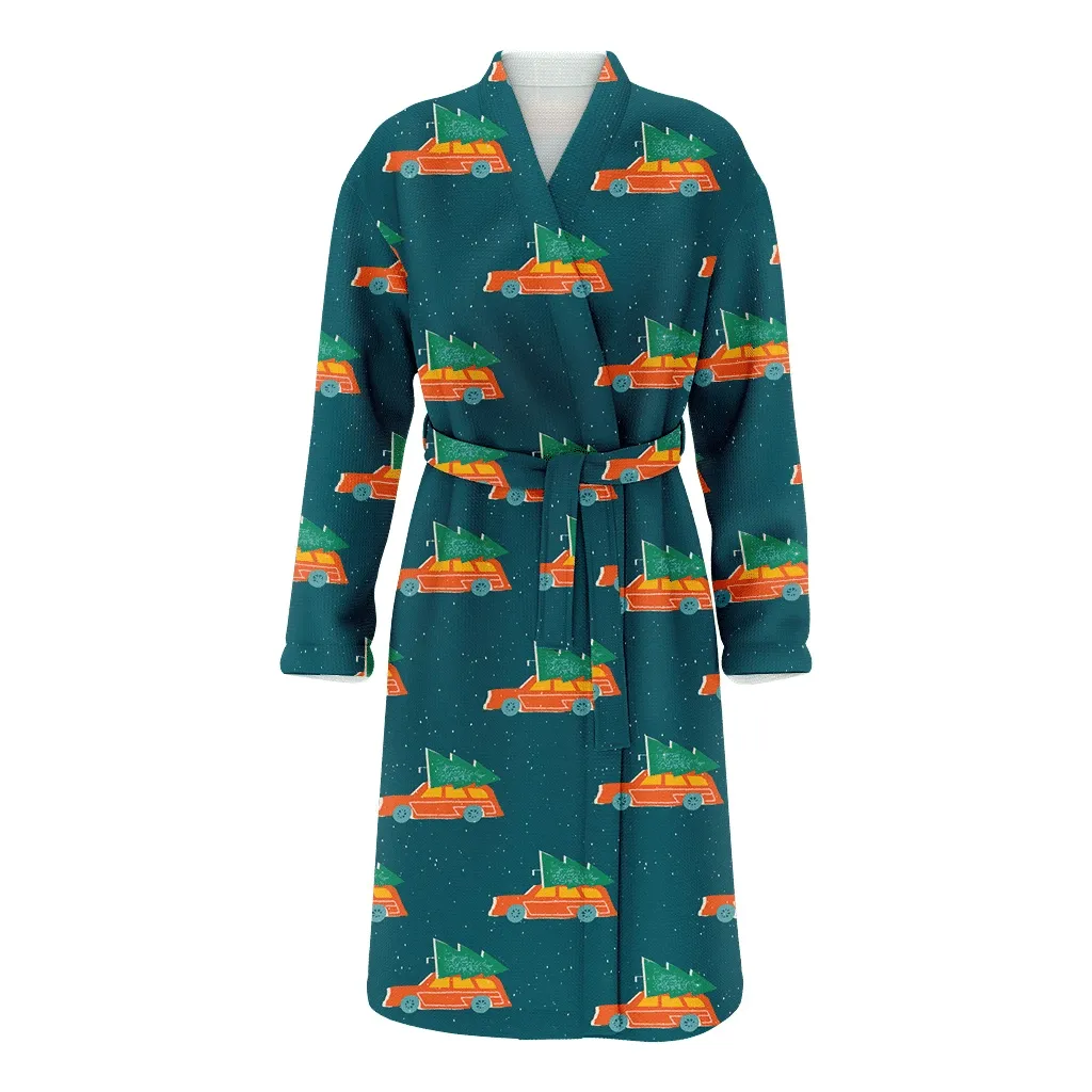 Rustic Style Orange Cars With Green Fir Trees Pattern Christmas Gift Family Matching Kimono Bathrobe Satin Fleece Robe