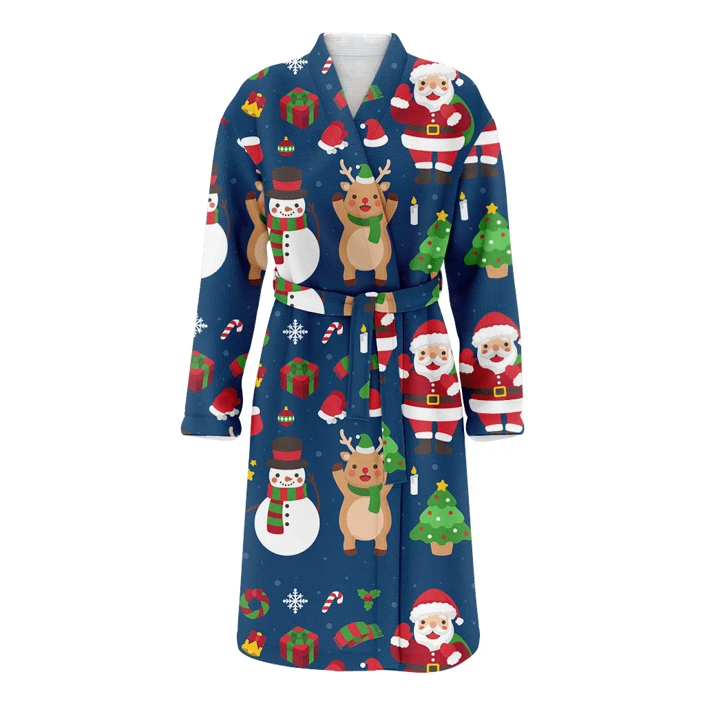 Santa Chrismas Tree Snowman With Scarf Christmas Gift Family Matching Kimono Bathrobe Satin Fleece Robe