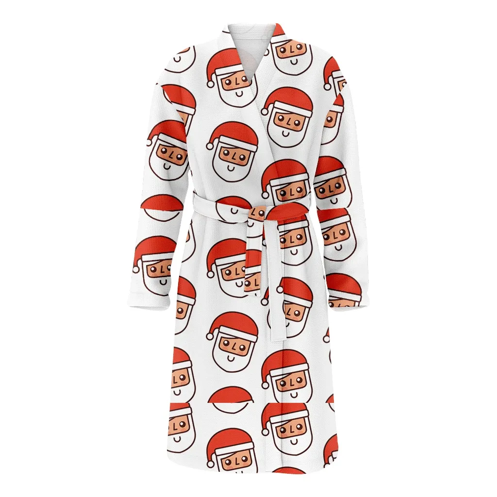 Santa Claus Face With Red Hat Hand Drawn Pattern Christmas Gift Themed Family Matching Kimono Bathrobe Satin Fleece Robe