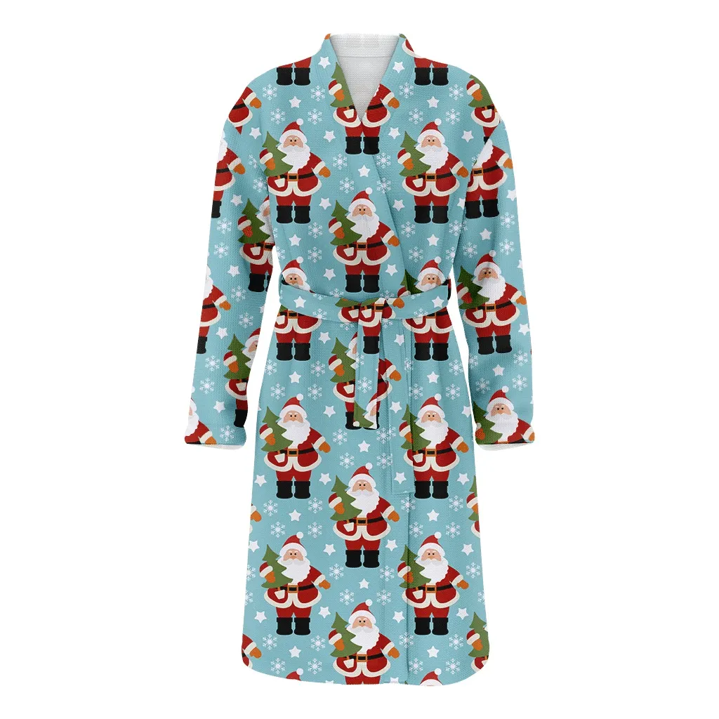Santa Claus Hold Christmas Gift Tree Snowflake Background Design Family Matching Kimono Bathrobe Satin Fleece Robe