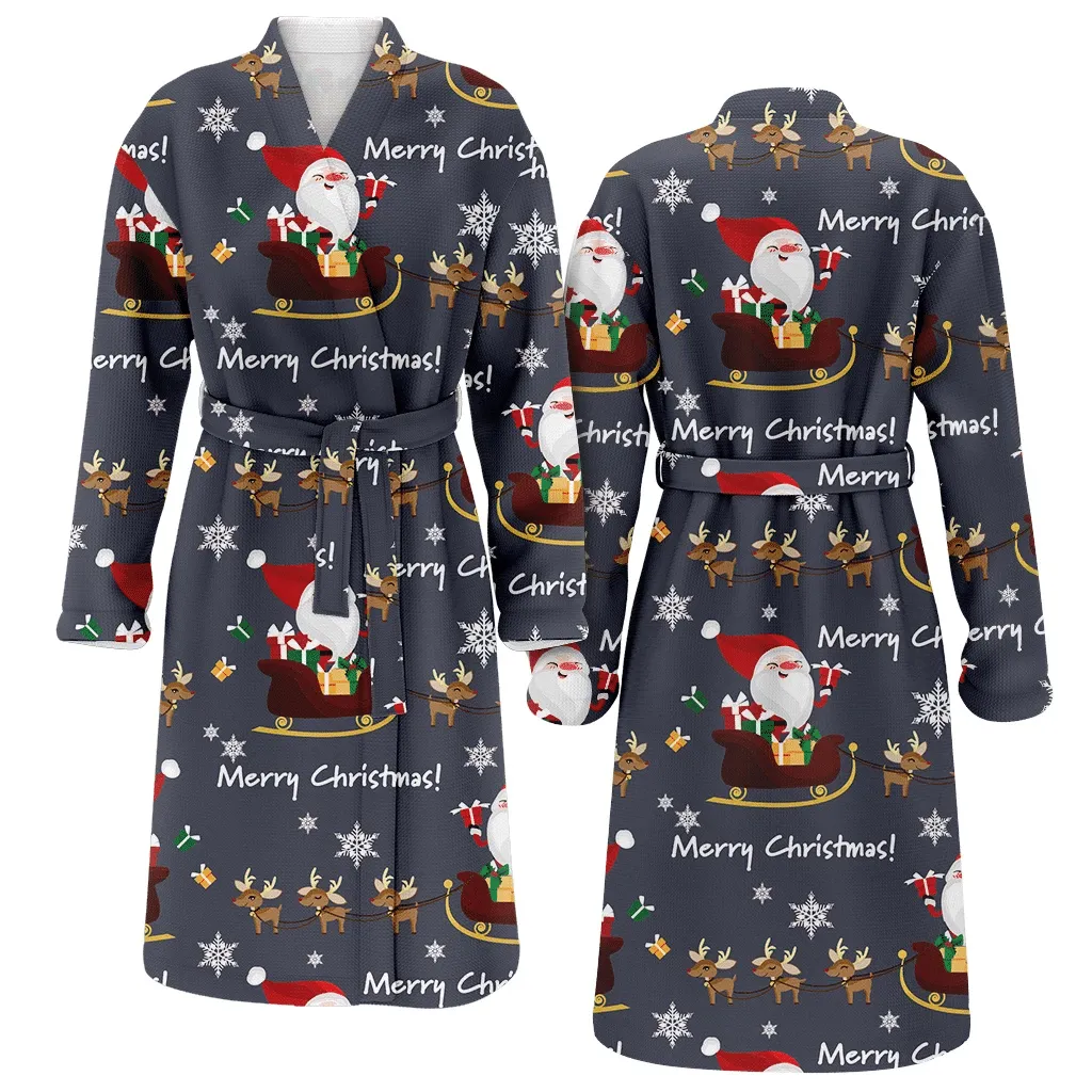 Santa Claus Holding Gift Box On A Sleigh With Group Of Reindeer Christmas Gift Family Matching Kimono Bathrobe Satin Fleece Robe