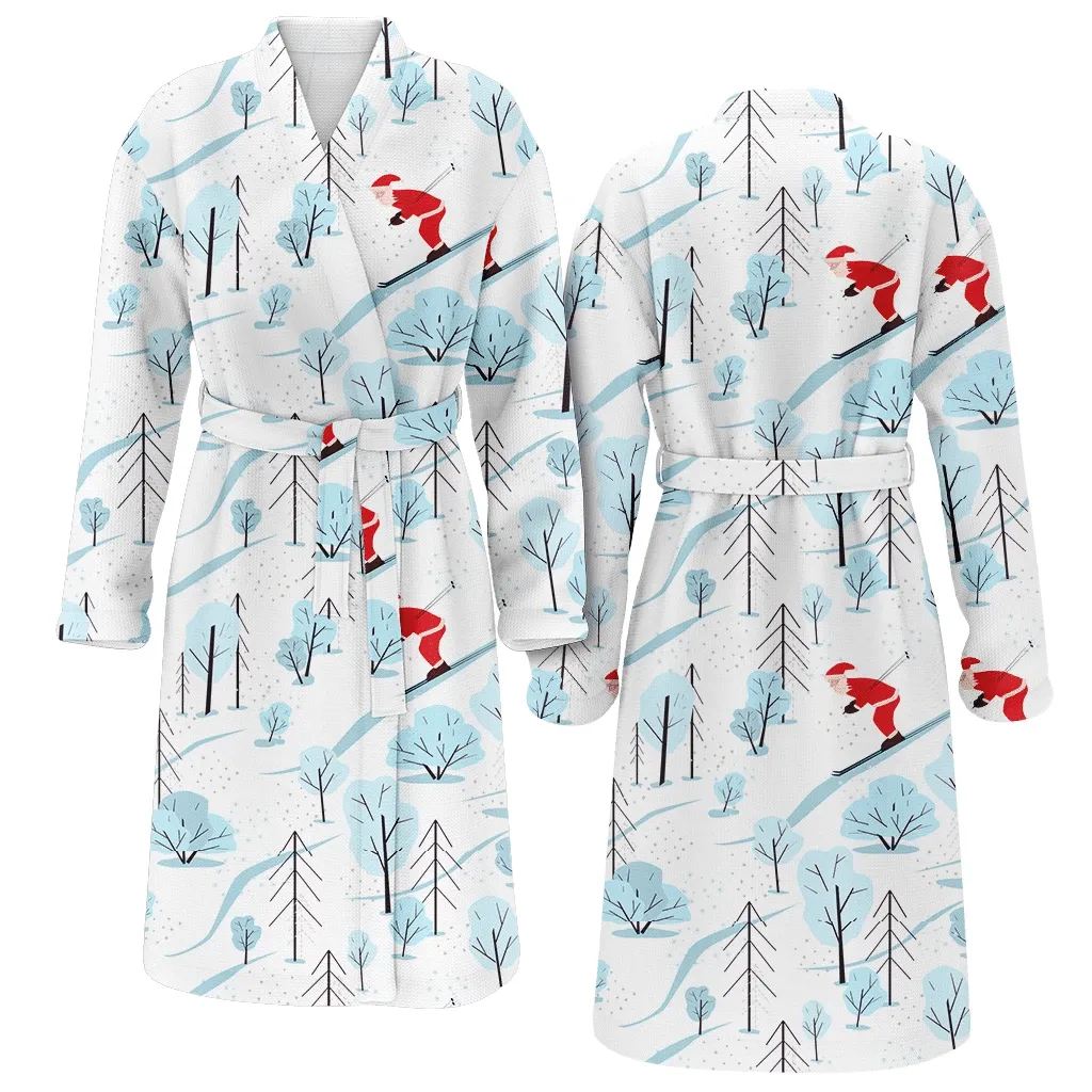 Santa Claus Is Skiing In Winter Forest Design Christmas Gift Holiday Family Matching Kimono Bathrobe Satin Fleece Robe