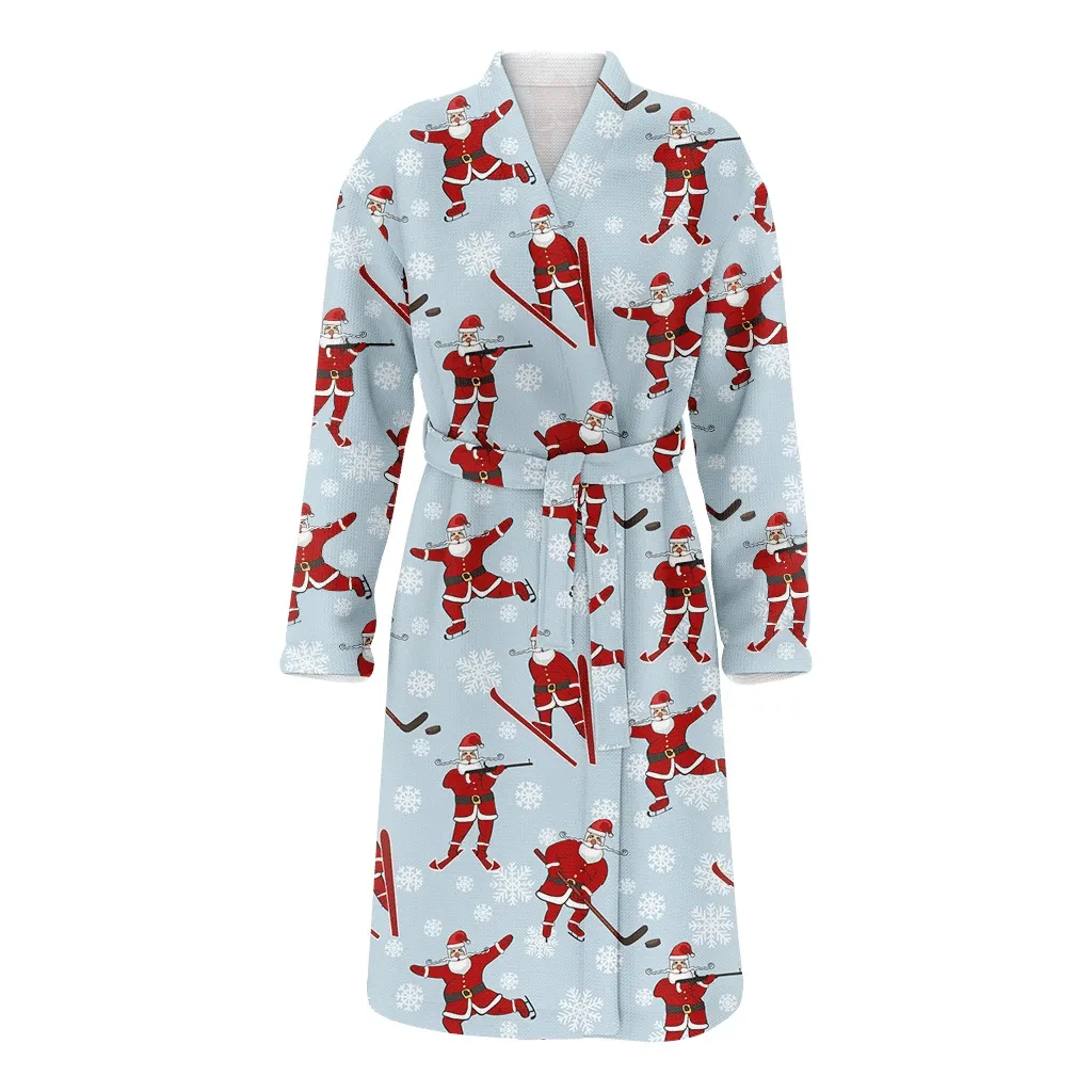 Santa Claus Playing Winter Sports On Christmas Gift Holiday Family Matching Kimono Bathrobe Satin Fleece Robe