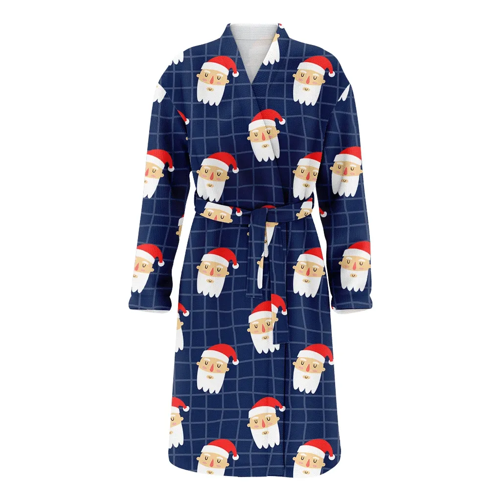Santa Claus Portrait On Navy Background Christmas Gift Themed Family Matching Kimono Bathrobe Satin Fleece Robe