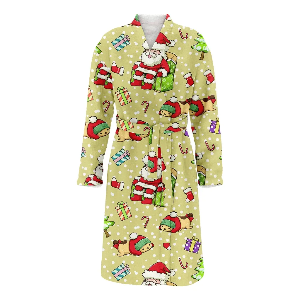 Santa Claus The Dog Is Wearing A Red Hat Christmas Family Matching Kimono Bathrobe Satin Fleece Robe