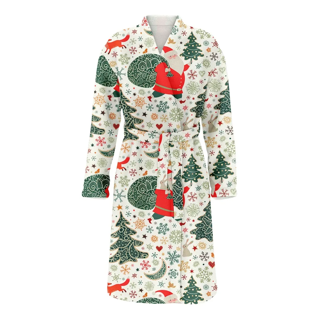 Santa Claus With Sack Of Christmas Gift Gifts Lace Xmas Trees Family Matching Kimono Bathrobe Satin Fleece Robe