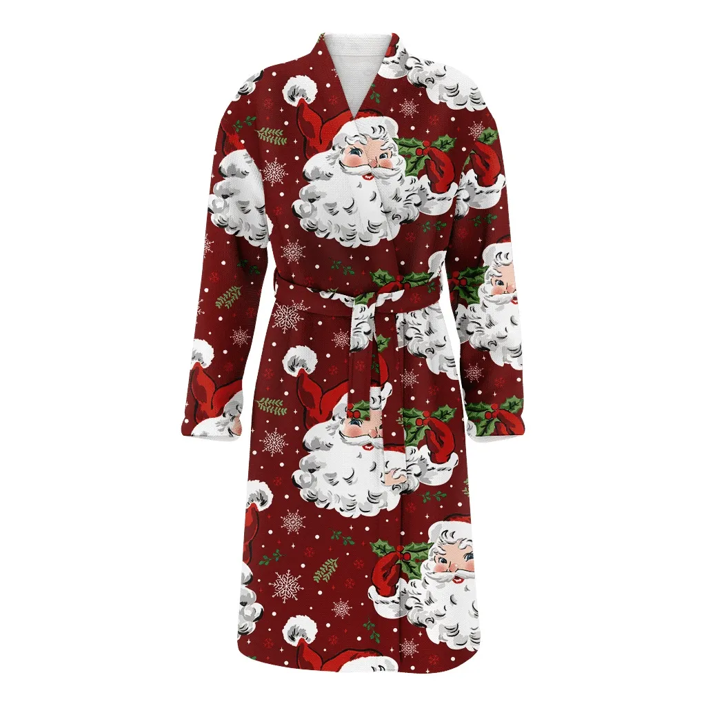 Santa Claus With Snowflake And Holly Christmas Gift Vintage Style Family Matching Kimono Bathrobe Satin Fleece Robe