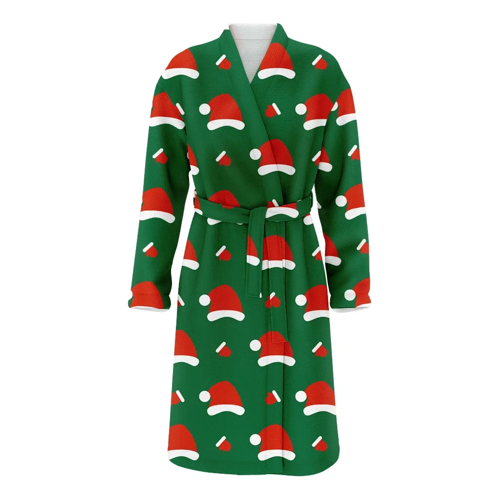 Santa Hat And Christmas Gift Gloves On Green Background Family Matching Kimono Bathrobe Satin Fleece Robe