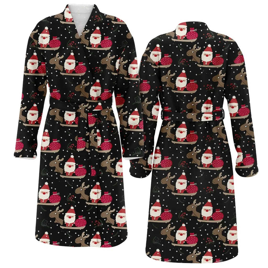 Santa On Sleigh With Reindeers And A Bag Of Christmas Gift Gifts Design Family Matching Kimono Bathrobe Satin Fleece Robe