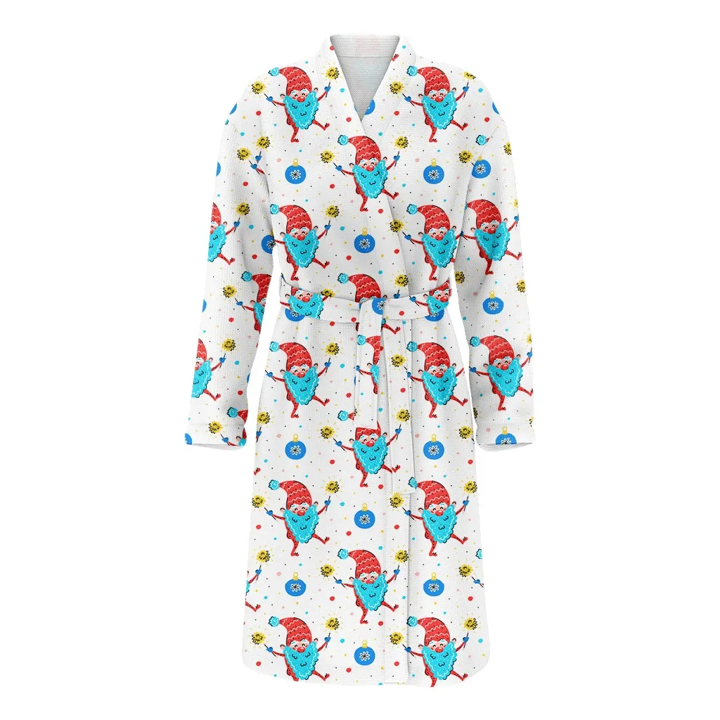 Santas Elves Sparklers Christmas Tree Toys Pattern Family Matching Kimono Bathrobe Satin Fleece Robe
