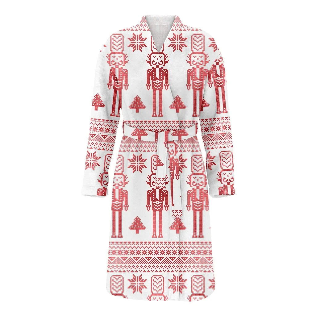Scandinavian Nordic Christmas Pattern With Nutcracker Soldier Tree Family Matching Kimono Bathrobe Satin Fleece Robe