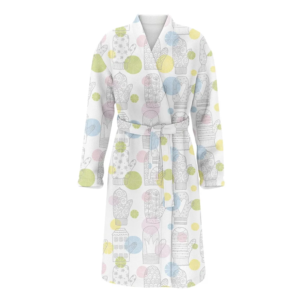 Sketch Style Colorful Circle Background With Mittens Pattern Christmas Gift Family Matching Kimono Bathrobe Satin Fleece Robe