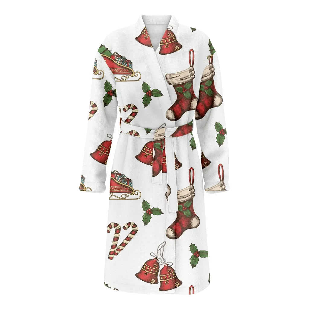 Sketching Bells Santa's Sleigh Candy Holly Bell And Sock Christmas Family Matching Kimono Bathrobe Satin Fleece Robe