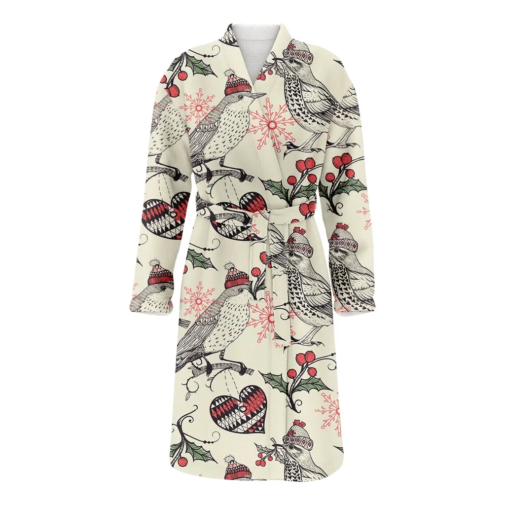 Sketching Winter Birds On Tree Branches With Red Snowflakes Christmas Family Matching Kimono Bathrobe Satin Fleece Robe
