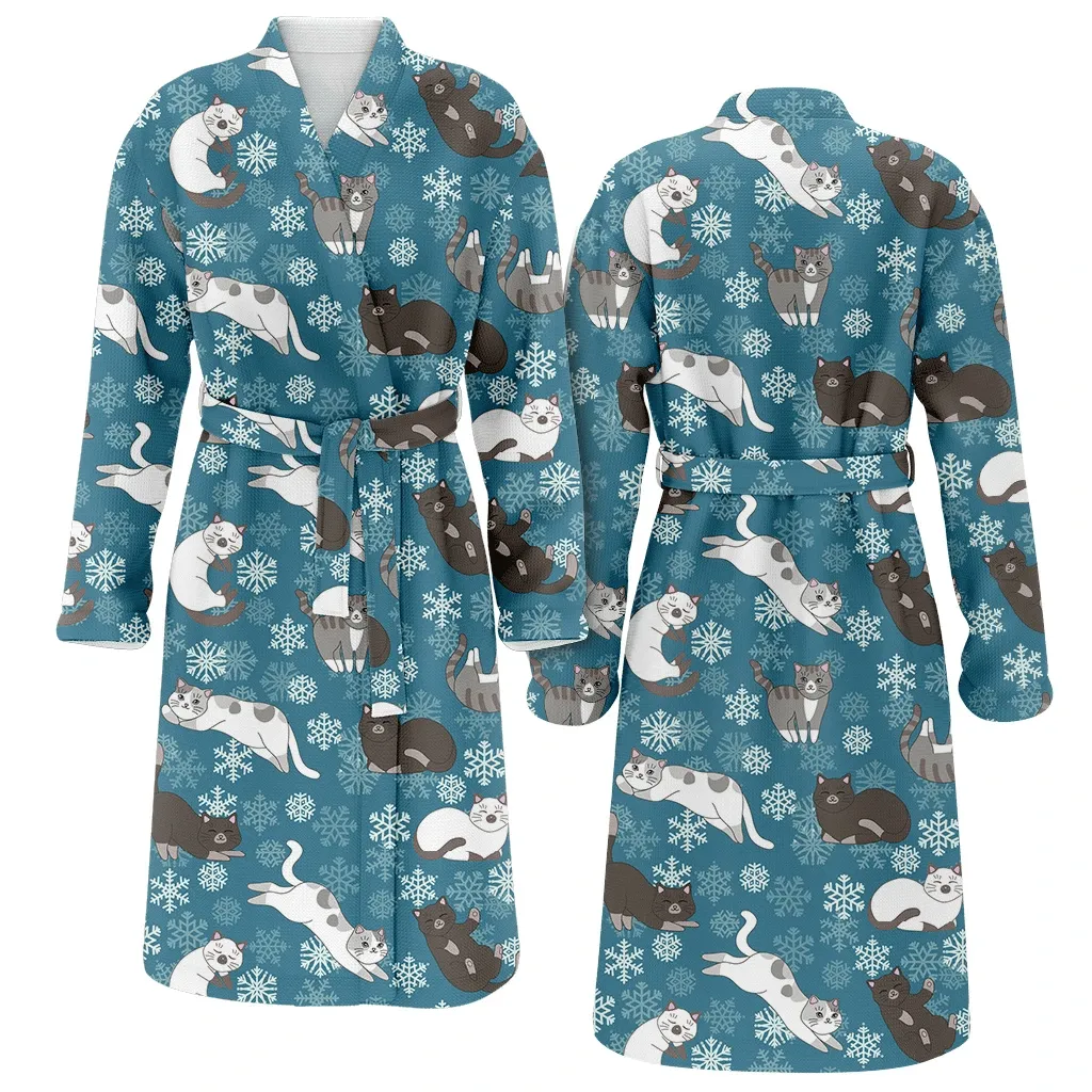 Sleeping And Playing Cat On Blue Snowflakes Christmas Family Matching Kimono Bathrobe Satin Fleece Robe