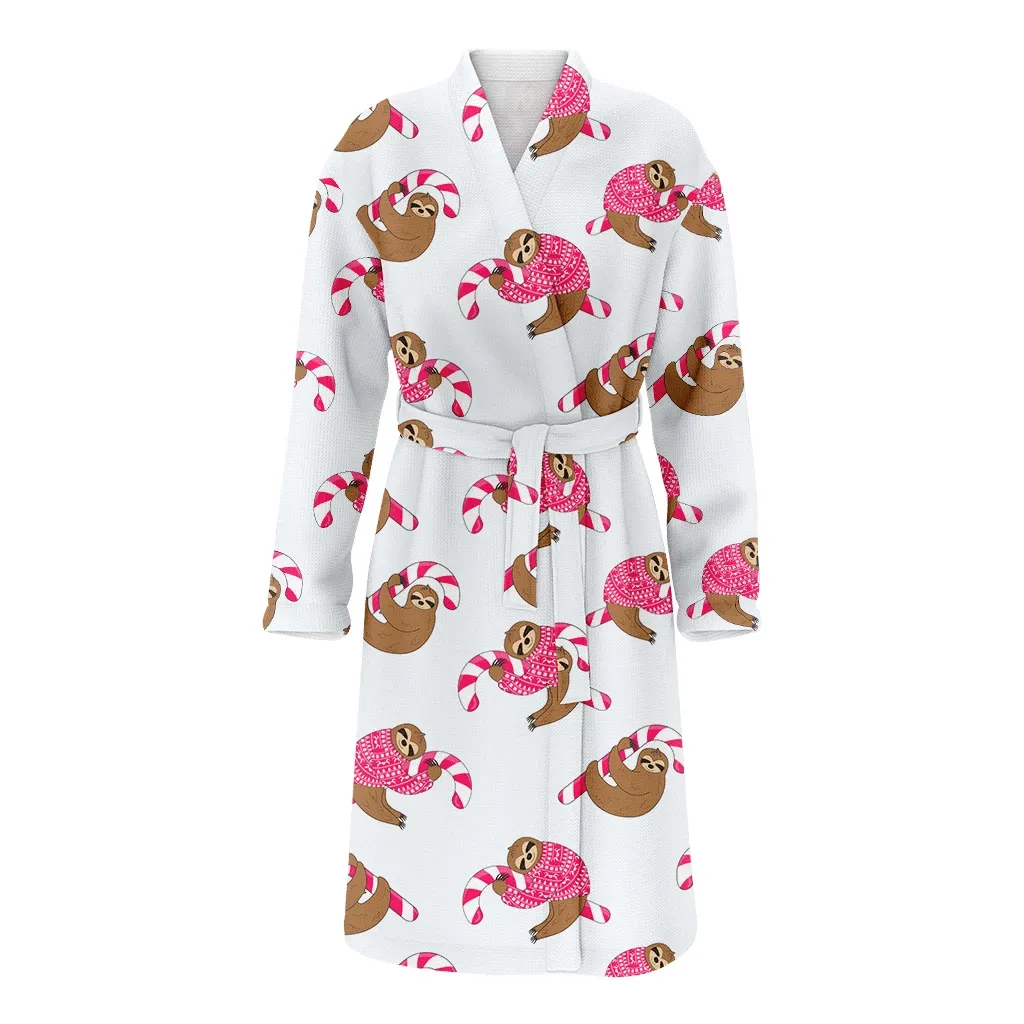 Sloth In A Pink Christmas Sweater With Sweet Candy Family Matching Kimono Bathrobe Satin Fleece Robe