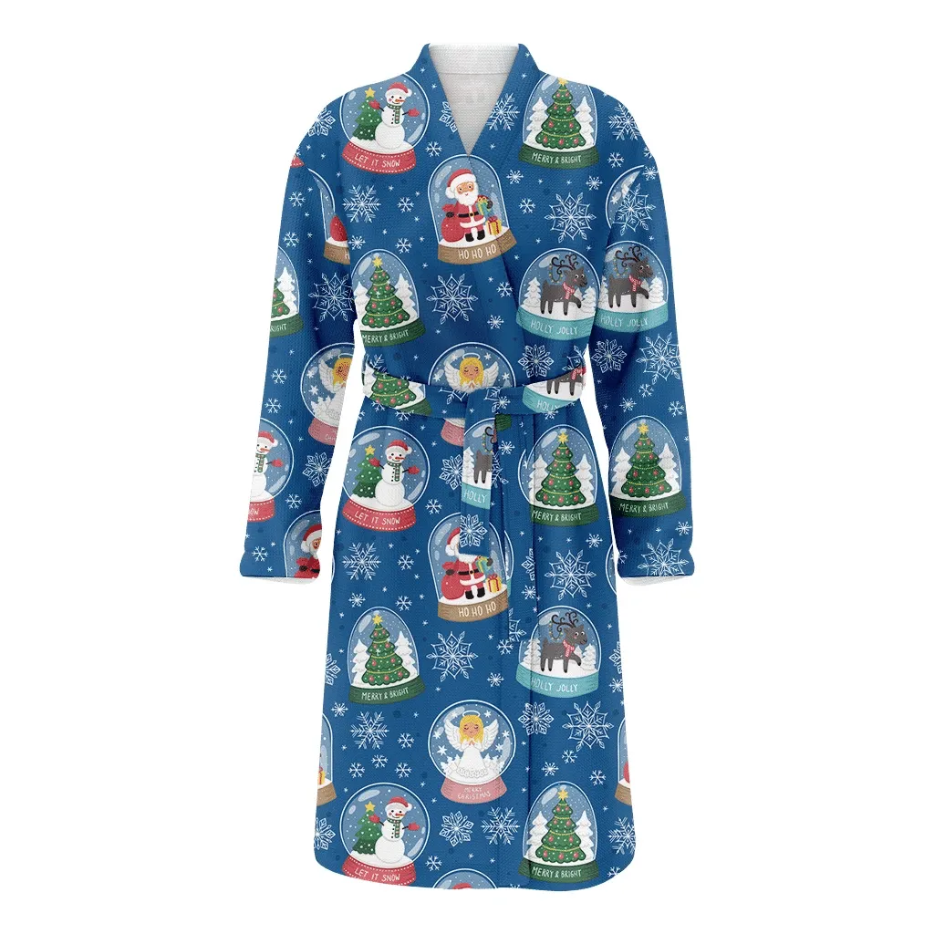 Snow Globe With Different Characters Santa Deer Snowflake Christmas Family Matching Kimono Bathrobe Satin Fleece Robe