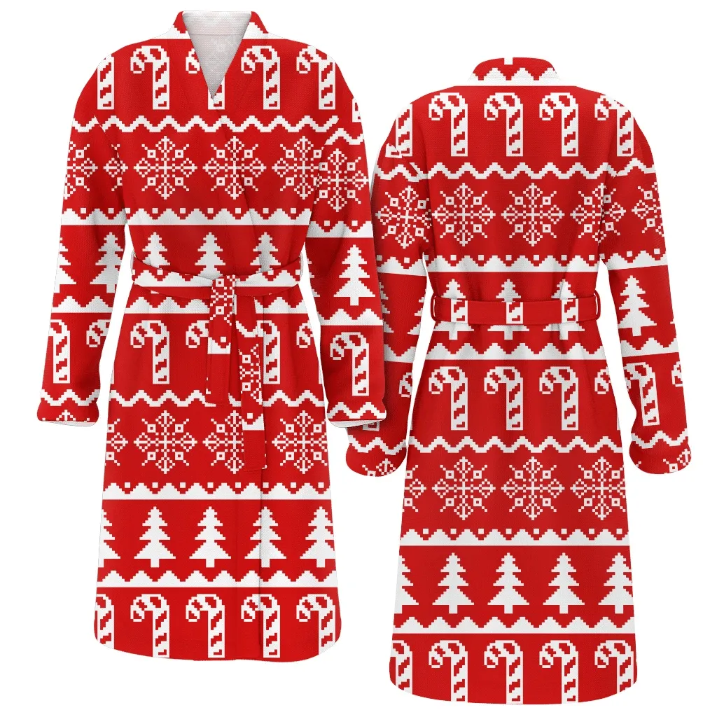 Snowflakes Candies And Christmas Gift Trees Family Matching Kimono Bathrobe Satin Fleece Robe