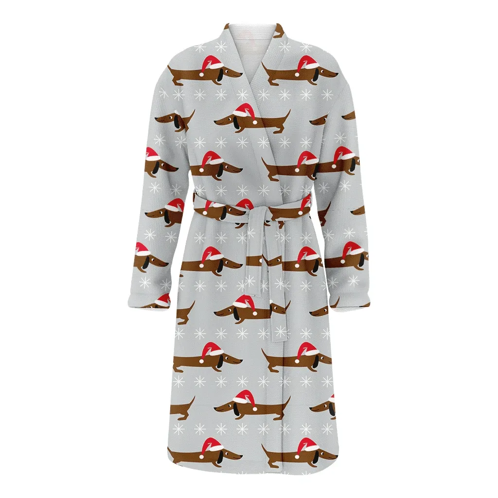 Snowflakes Dachshund In A Christmas Hat Family Matching Kimono Bathrobe Satin Fleece Robe