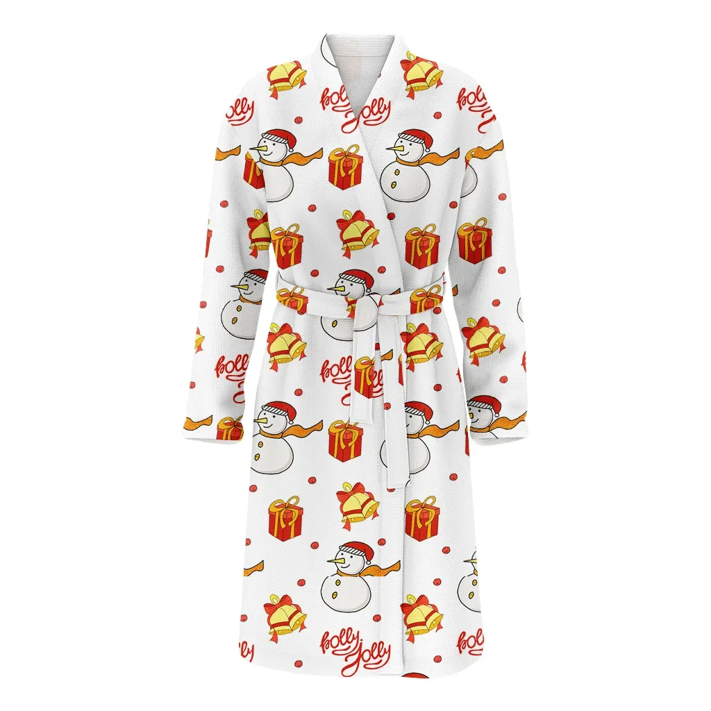 Snowman Christmas Bell And Gifts With Ribbon Family Matching Kimono Bathrobe Satin Fleece Robe