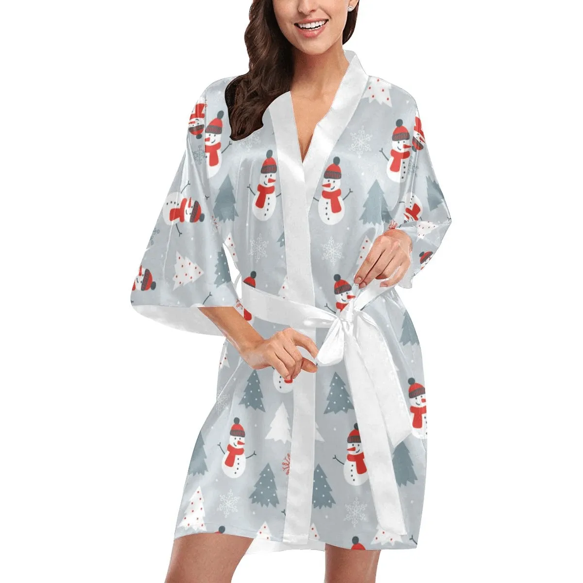 Snowman Christmas Tree Snow Gray Background Family Matching Kimono Bathrobe Satin Fleece Robe