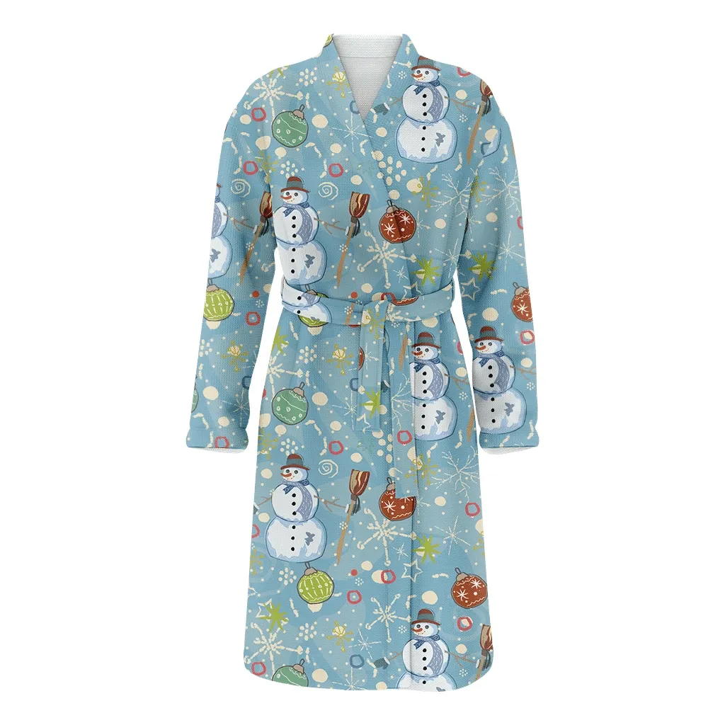 Snowman Holding Broom And Christmas Toys Family Matching Kimono Bathrobe Satin Fleece Robe