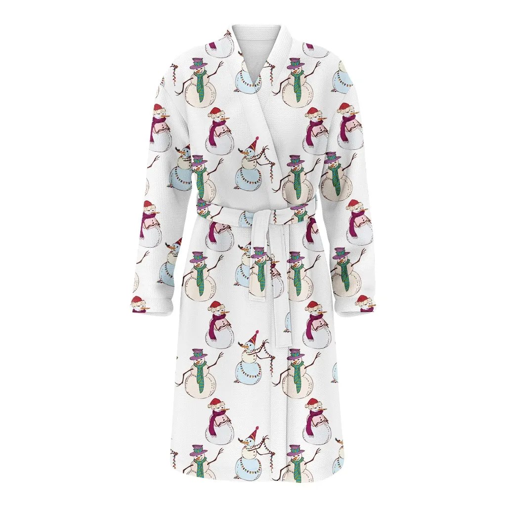 Snowman In Christmas Gift Caps And Scarfs With Garland Family Matching Kimono Bathrobe Satin Fleece Robe
